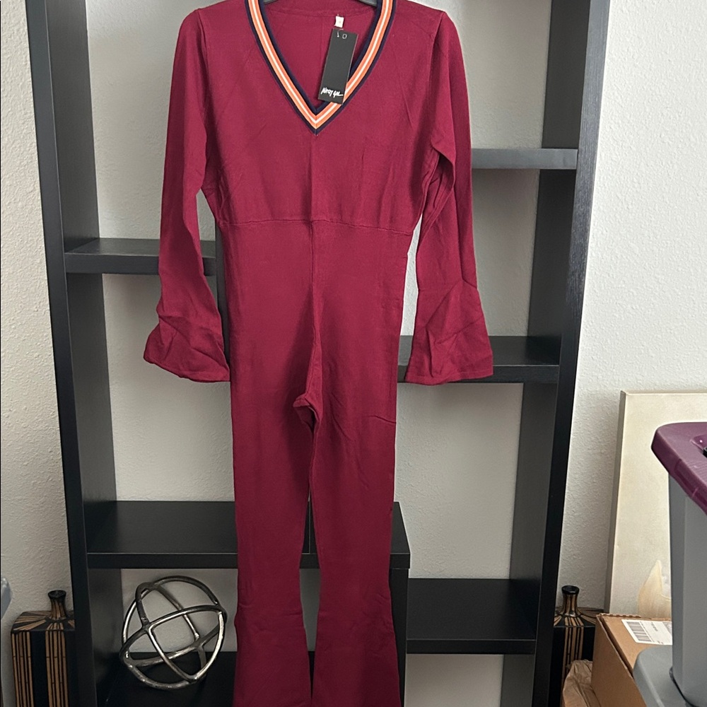 Nasty Gal Burgundy Jumpsuit with V-Neck Stripes